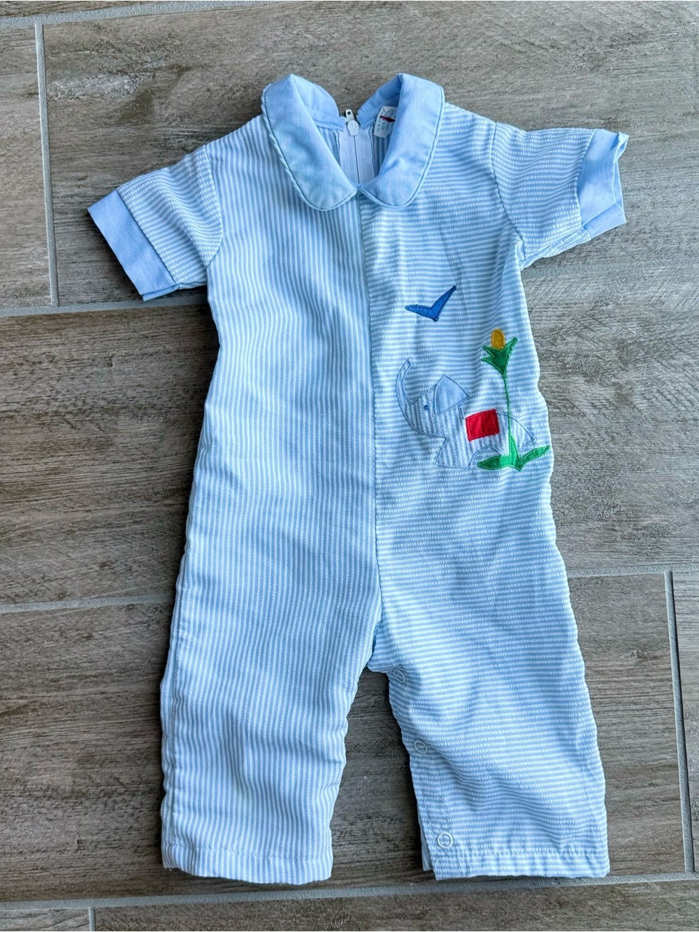 Vintage Blue Striped Baby One-Piece Romper with Embroidered Elephant